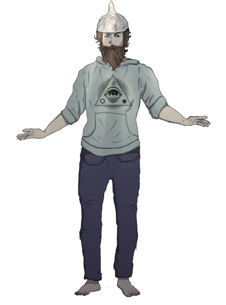 Der Schwurbelpeter, eine moderne Parodie auf den Struwwelpeter, steht mit Aluhut und Verschwörungs-T-Shirt da, während die Cancel Culture ihn als Feind der Wahrheit an den Pranger stellt.