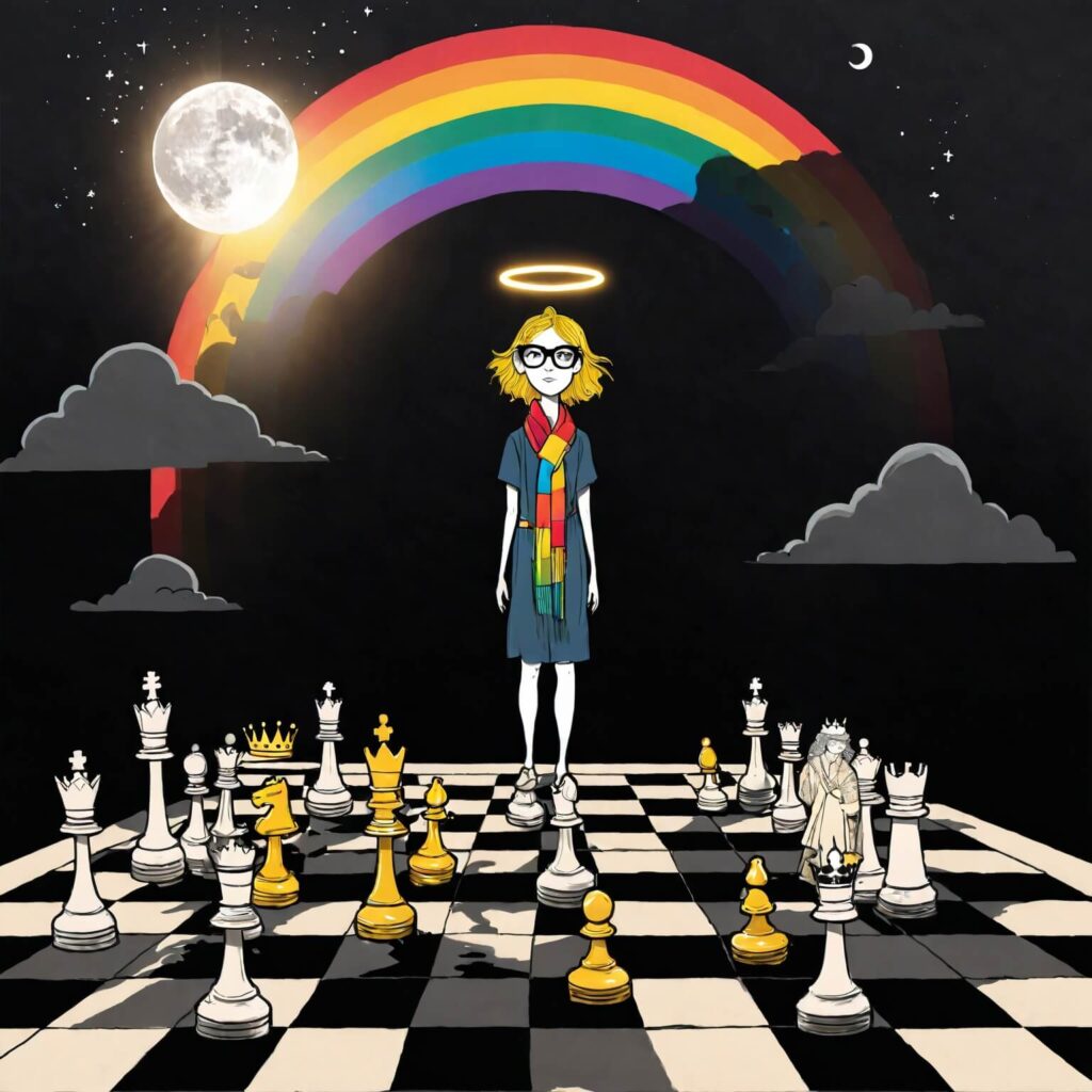 Ein satirische Illustration von Wokeness: Eine Figur mit einem zerbrechlichen, schrumpfenden Heiligenschein auf einem chaotischen Schachbrett, symbolisierend für Selbstgerechtigkeit und Kritikimmunität. Der Himmel ist stürmisch, die Szene zynisch und ironisch, mit einem selbstsicheren, aber unwissenden Ausdruck der Figur und lachenden Schatten im Hintergrund.